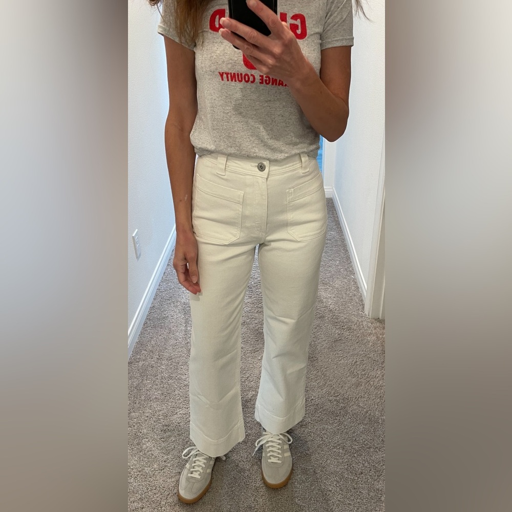 H&M fitted flare ankle, white sailor jeans.